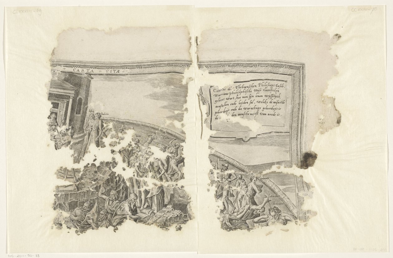 Cebes Tabula Cebetis Carta Vitae'nin sahnesinin sağ üst köşesi (nesnedeki başlık) by Philips Galle