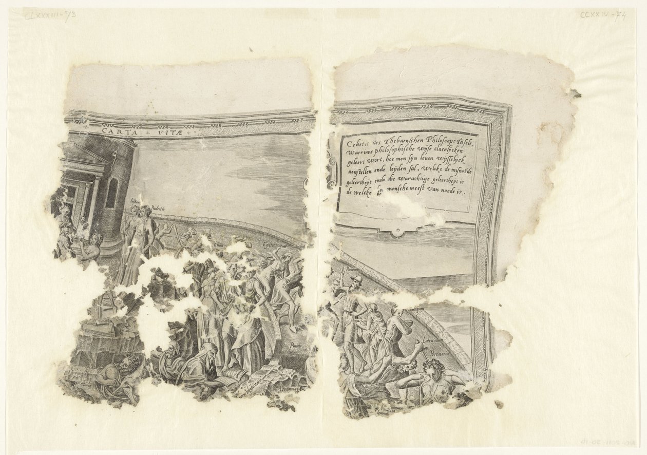 Cebes Tabula Cebetis Carta Vitae'nin sahnesinin sağ üst köşesi (nesnedeki başlık) by Philips Galle