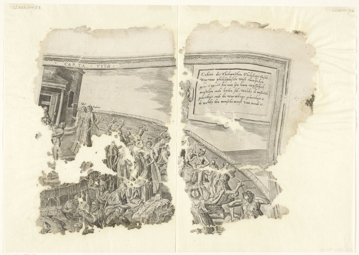 Cebes Tabula Cebetis Carta Vitae'nin sahnesinin sağ üst köşesi (nesnedeki başlık) by Philips Galle