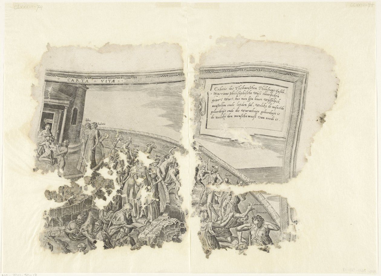 Cebes Tabula Cebetis Carta Vitae'nin sahnesinin sağ üst köşesi (nesnedeki başlık) by Philips Galle