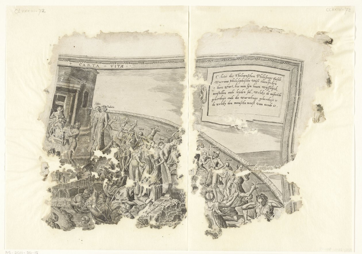 Cebes Tabula Cebetis Carta Vitae'nin sahnesinin sağ üst köşesi (nesnedeki başlık) by Philips Galle