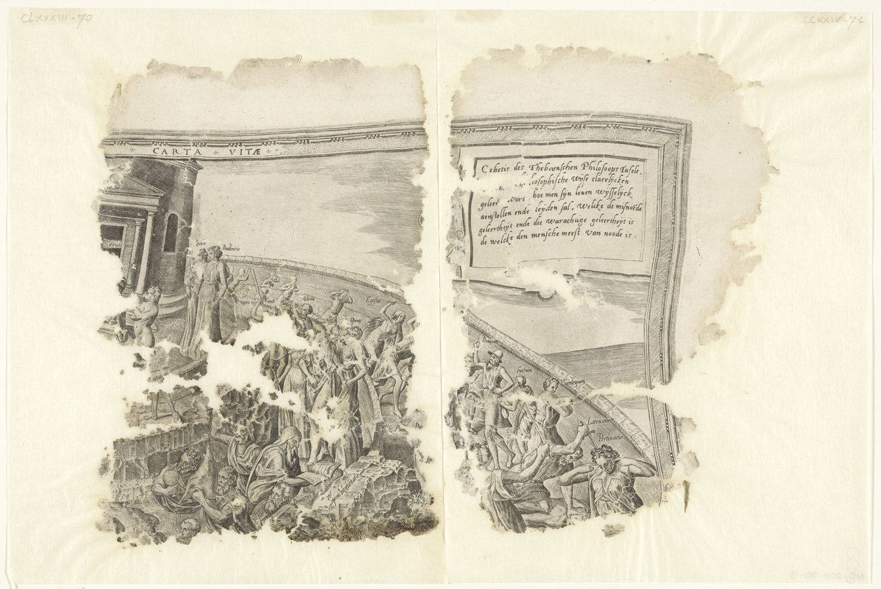 Cebes Tabula Cebetis Carta Vitae'nin sahnesinin sağ üst köşesi (nesnedeki başlık) by Philips Galle
