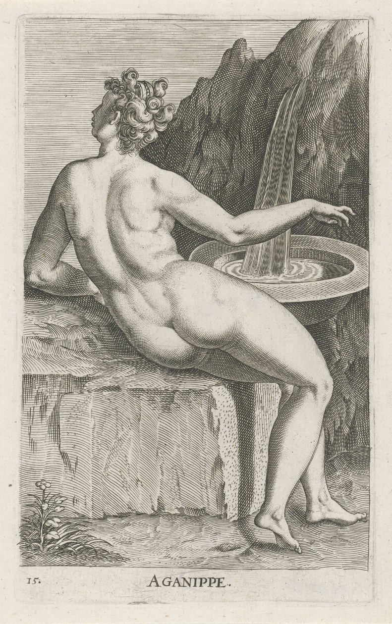 su nimf aganippe Aganippe (nesne üzerindeki başlık) Stroom- bir su perisi (dizi başlığı) Nympharum oceanitidum, Ephydridum potamidum naiadum (seri başlığı) by Philips Galle