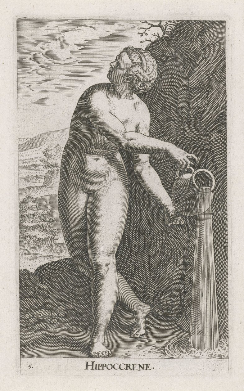 Waternimf Hipokren Hipokren (nesne üzerindeki başlık) Stroom- bir su perisi (dizi başlığı) Nympharum oceanitidum, Ephydridum potamidum naiadum (seri başlığı) by Philips Galle