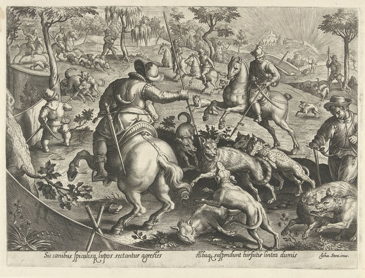 Wolvenjacht, speren ile bir araya geldi Jachttaferelen (dizi adı) Her türlü avcılık, avcılık ve balık tutmayı içerir (seri başlığı) by Philips Galle