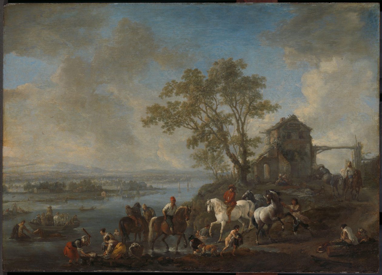 Bir nehir üzerinde at havuzu by Philips Wouwerman