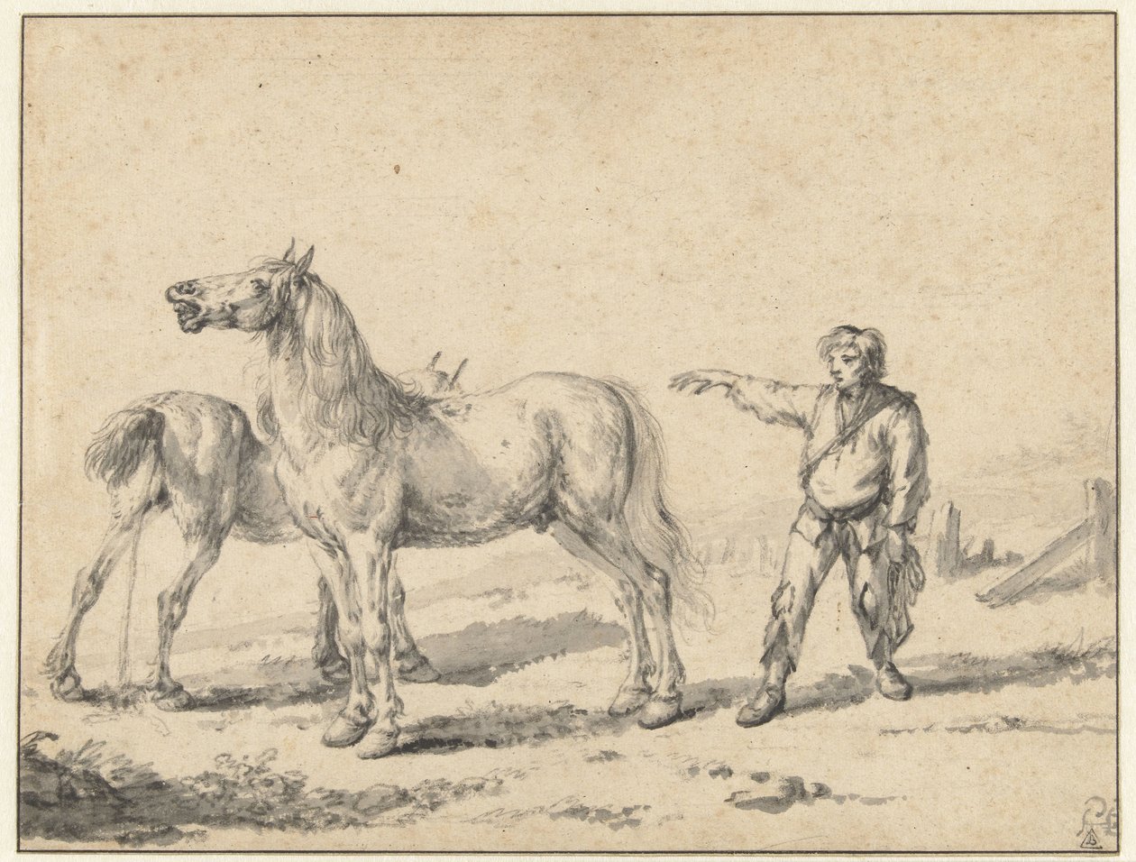 İki At, Biri İdrar Yapan, Diğeri Mızmızlanan ve Sağ Kolunu Kaldırmış Ayakta Duran Bir Adam by Philips Wouwerman