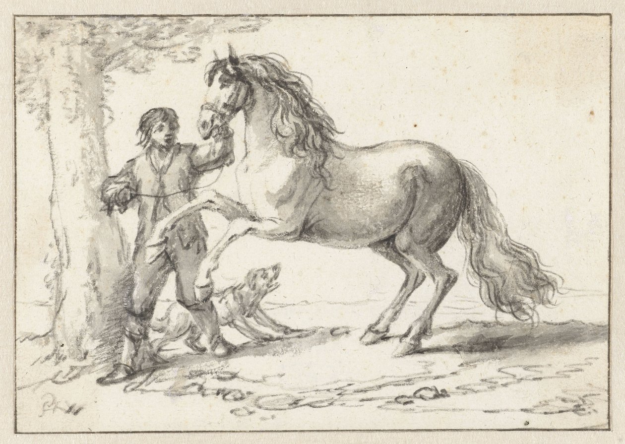 Yetiştiren Atı Dizginlerinden Tutan Genç Adam, Havlayan Bir Köpekten Korkmuş by Philips Wouwerman