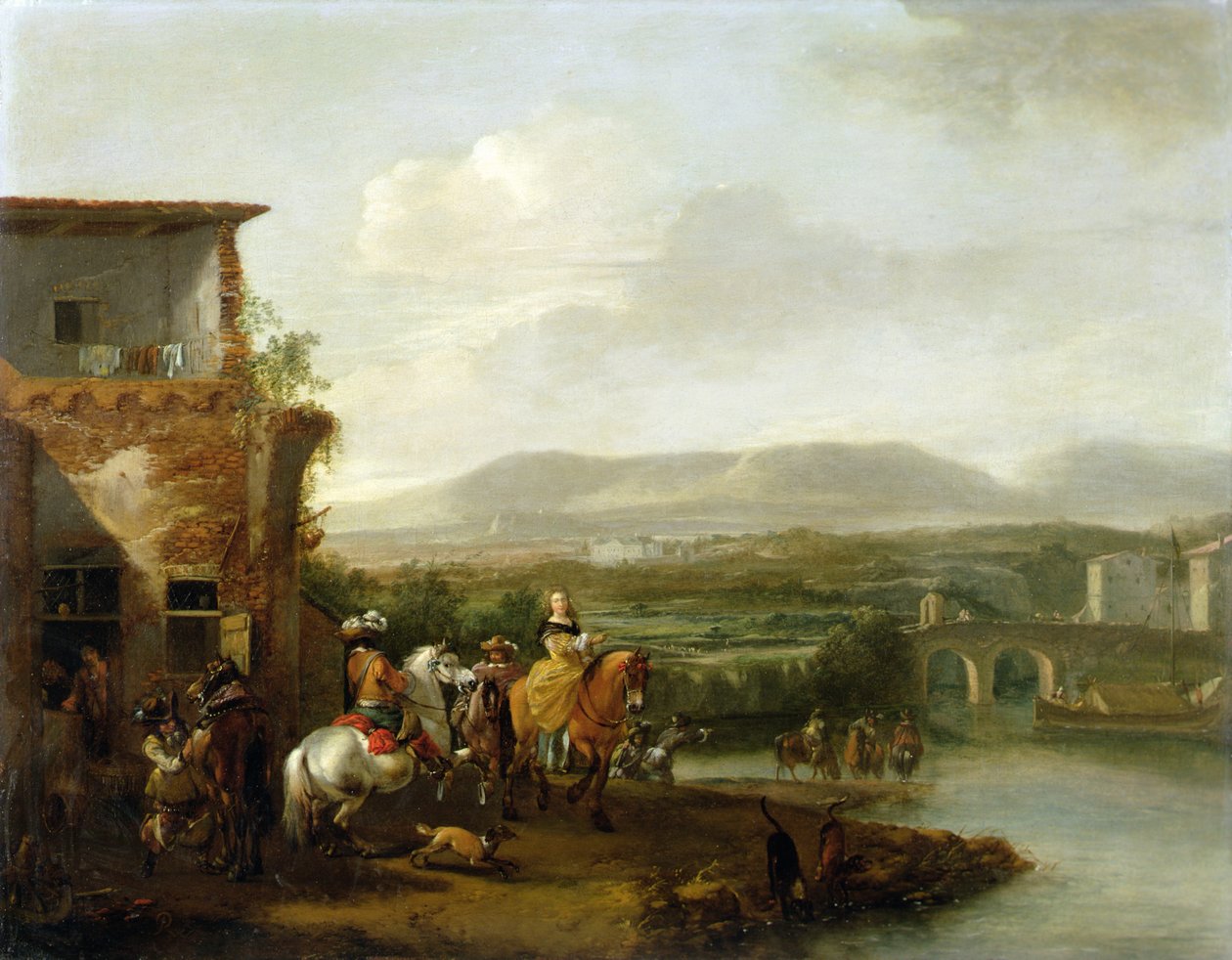 Nehir kenarındaki bir çiftliğin dışında zarif bir binicilik partisi (tuval üzerine yağlı boya) by Philips Wouwermans or Wouvermans