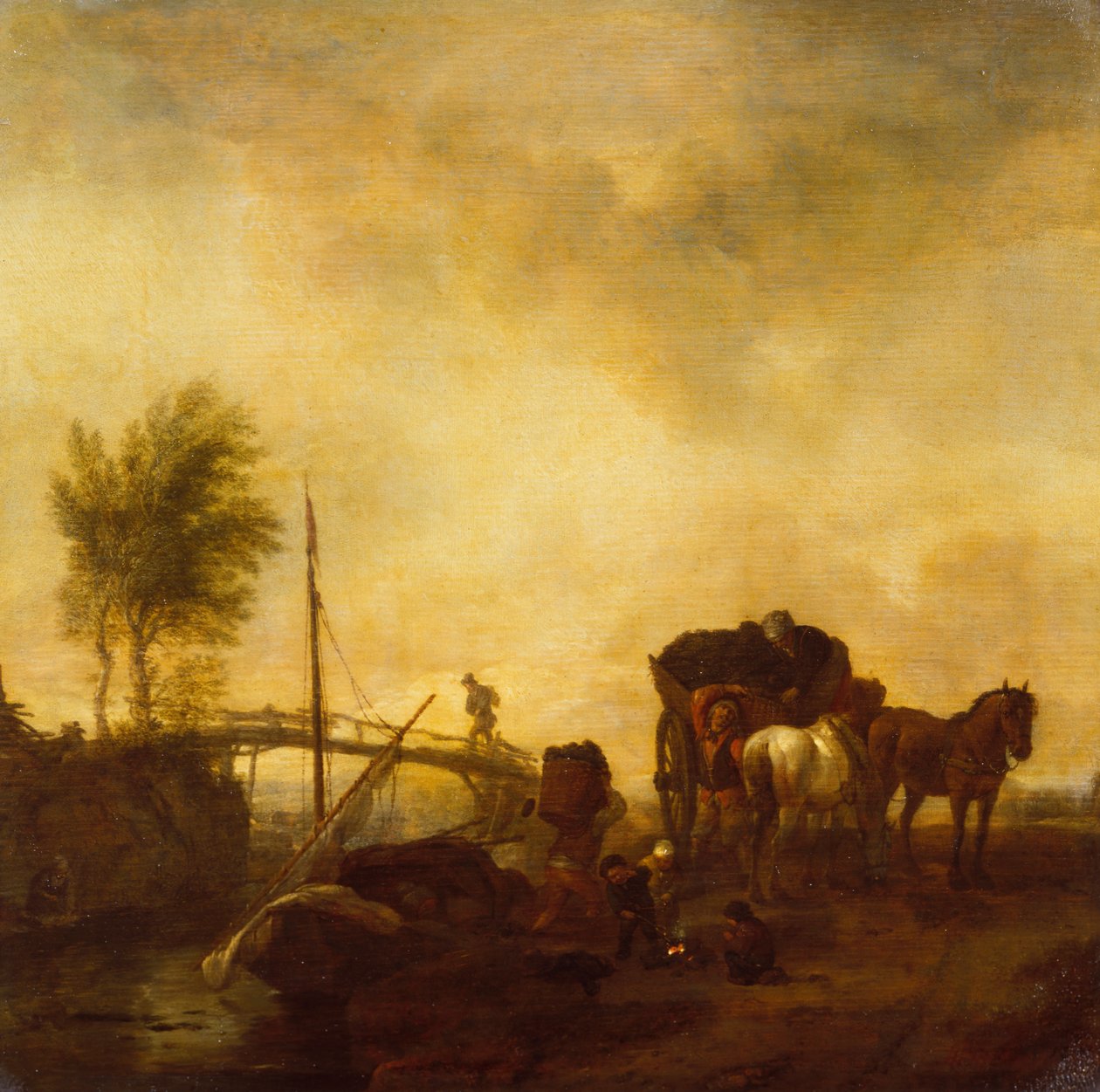 Bir Mavnadan Arabaya Torf Yükleyen İşçiler (panel üzerine yağlıboya) by Philips Wouwermans or Wouvermans