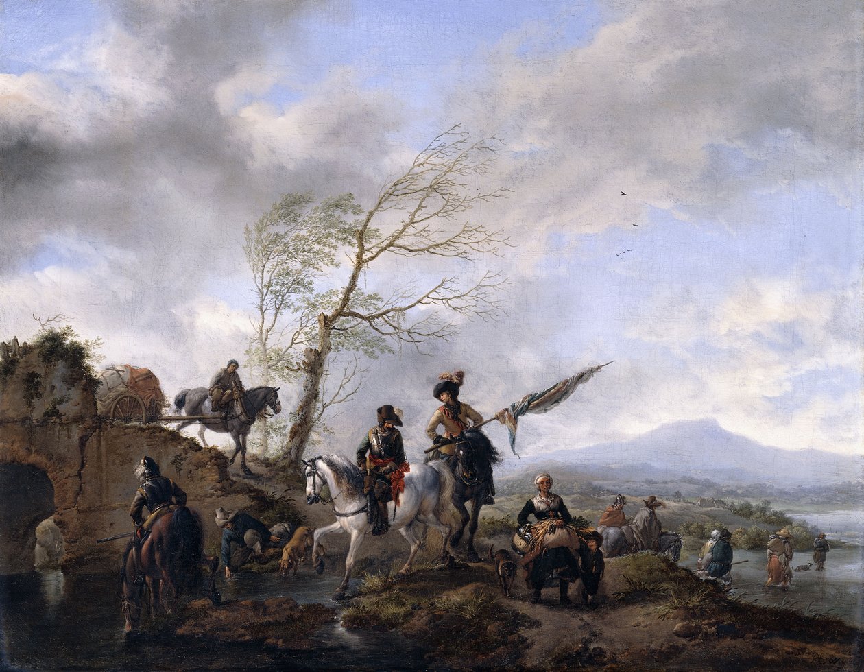 Askerlerin ve Atlarını Sulayan Standart Bir Taşıyıcının Olduğu Geniş Bir Nehir Manzarası, by Philips Wouwerman