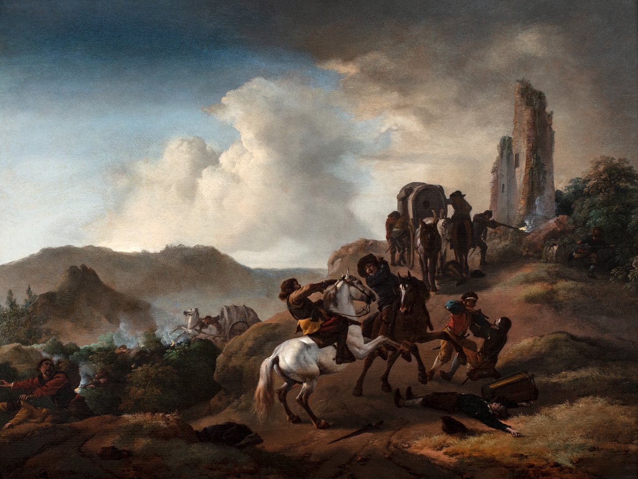 İtalyan Manzarasında Yolda Gezginlere Pusu Eden Haydutlar, 1640-50 civarı (panel üzerine yağlıboya) by Philips Wouwermans or Wouwerman