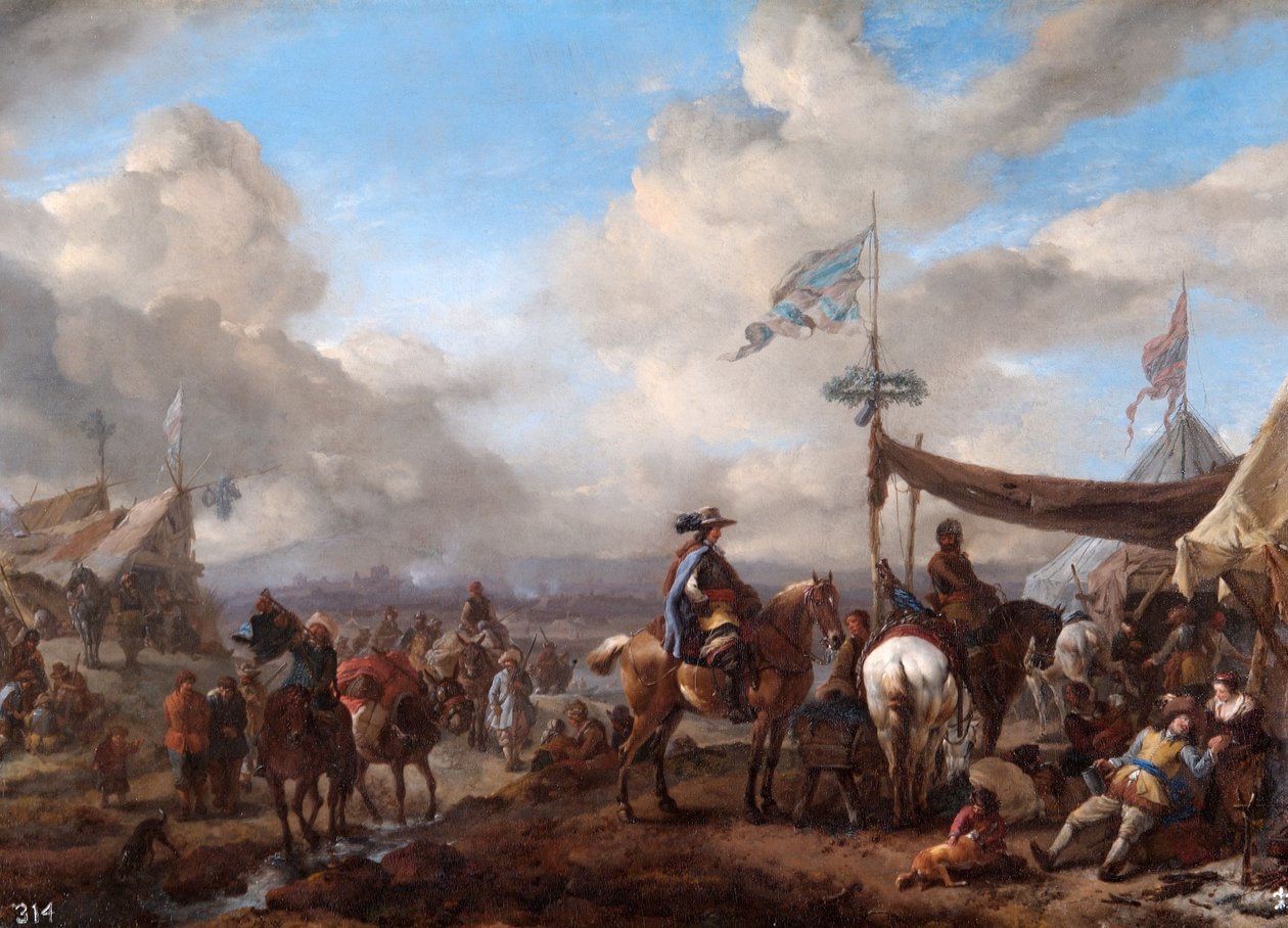 Bugler ve Farrier's Booth ile Kamp Sahnesi (tuval üzerine yağlı boya) by Philips Wouwermans or Wouwerman