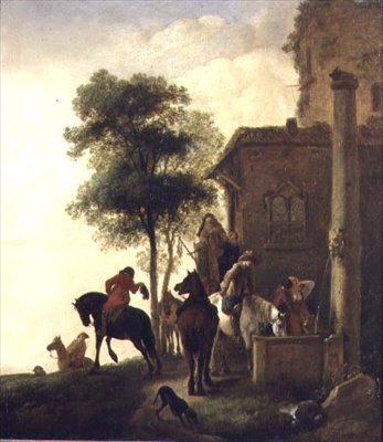 Bir Han Dışında Atlarını Sulayan Gezginler (panelde yağlı boya) by Philips Wouwermans or Wouwerman