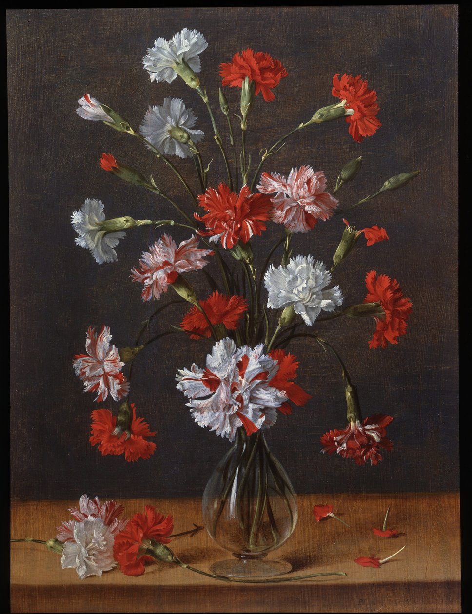 Cam Vazoda Bir Demet Karanfil, 1600-1700 civarı (panel üzerine yağlıboya) by Phillipe de Marlier