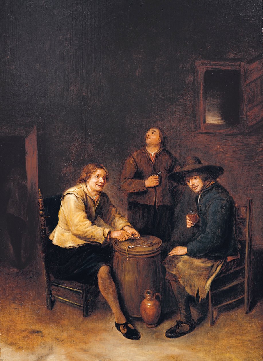 Üç köylünün eğlendiği bir taverna içi by Phillips de Koninck