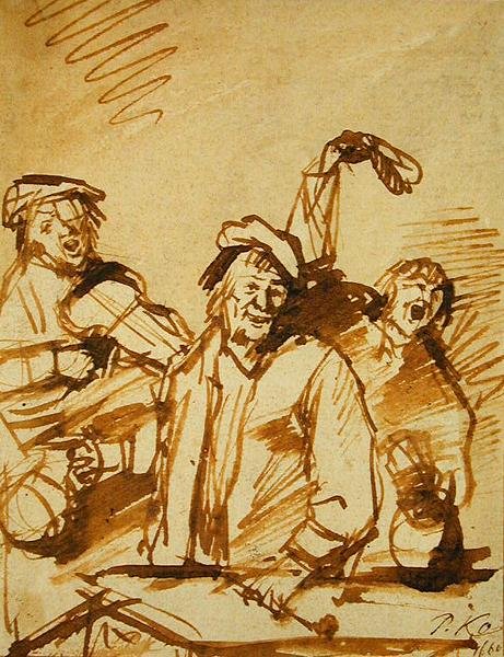 Üç Neşeli Genç Adam, 1660 (kağıt üzerine kalem ve kahverengi mürekkep) by Phillips de Koninck