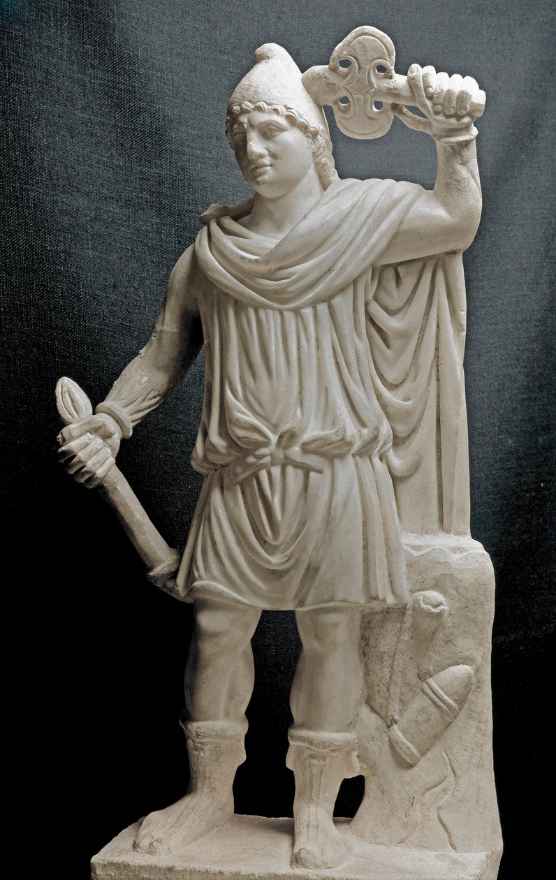 Fenike Uygarlığı: Bir meşale ve bir çift balta tutan Mitra tanrısı. MS 2. veya 3. yüzyıl. Mermer heykel. karartmak 87 cm. Paris, Louvre Müzesi by Phoenician Phoenician