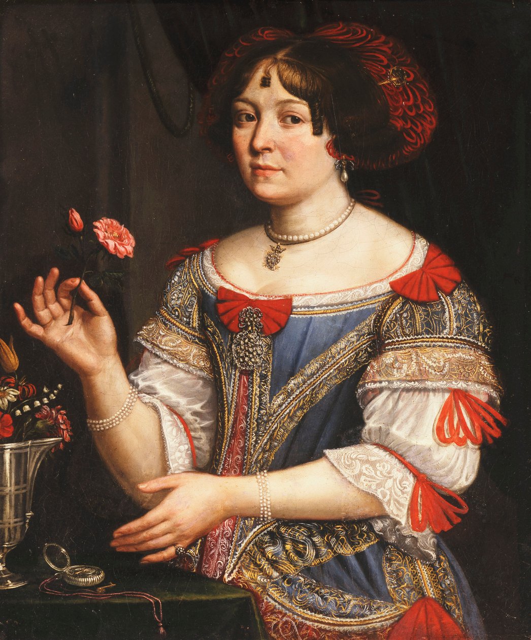 Üç çeyrek uzunlukta, Mavi ve Kırmızı İşlemeli Elbiseli Bir Hanımefendinin Portresi by Pier Francesco Cittadini