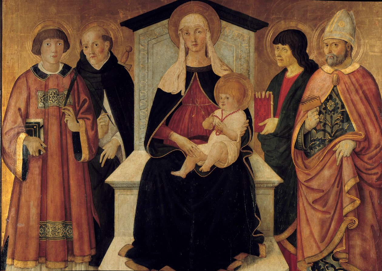 Bakire ve Çocuk Bakire, Saint Laurent deacon, Saint Peter, Saint John, Saint Blaise de Sebaste ile çevrilidir. Altarpiece, Pier Francesco Fiorentino (1475-1500 civarında aktif) 1490. Güneş. 132x143 m. Avignon, Musée du Petro Palais by Pier Francesco Fiorentino