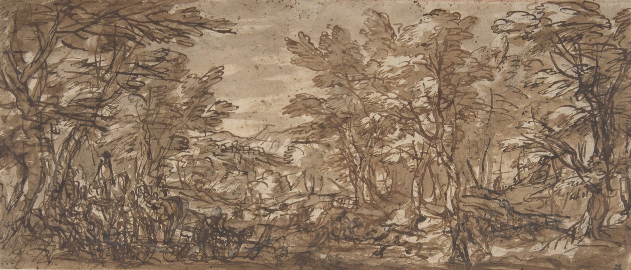 Orman Manzarası, Solda Durma, Merkezde Avlanma, 1612-66. by Pier Francesco Mola