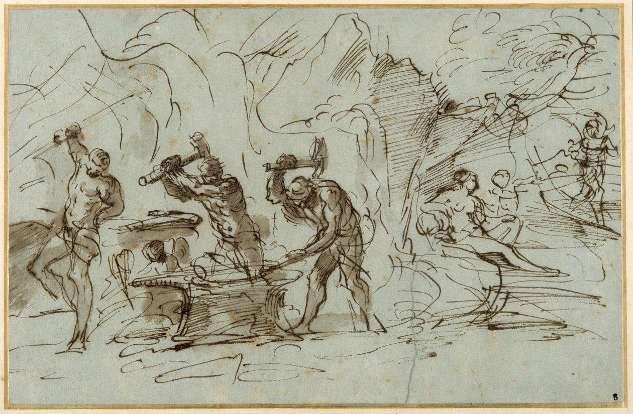 The Forge of Vulcan (yıkamalı kalem ve mürekkep, kağıt üzerinde guaj ile yükseltilmiş) by Pier Francesco Mola