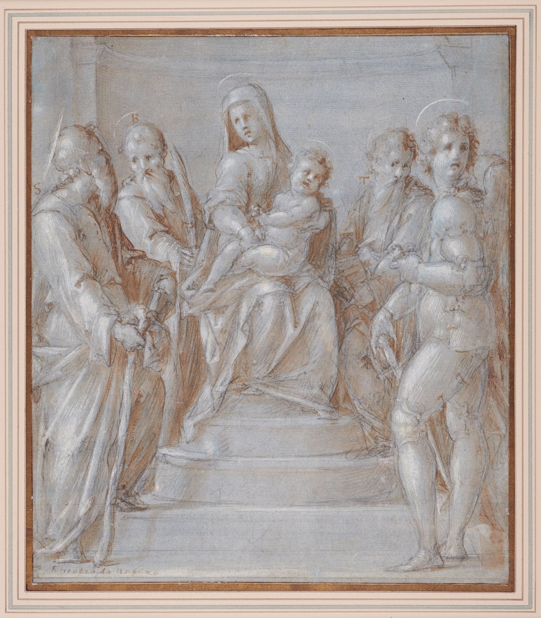 Azizlerle birlikte tahta çıkan Meryem ve Çocuk, 1525 dolayları (kalem ve kahverengi mürekkep ve siyah tebeşir üzerine yıkama) by Pier Francesco & Puligo Domenico (1492 1527) Foschi