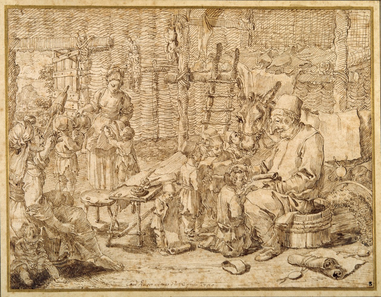 Polcinello okulu bir ahırda tutar (kağıt üzerinde kalem ve mürekkep) by Pier Leone Ghezzi