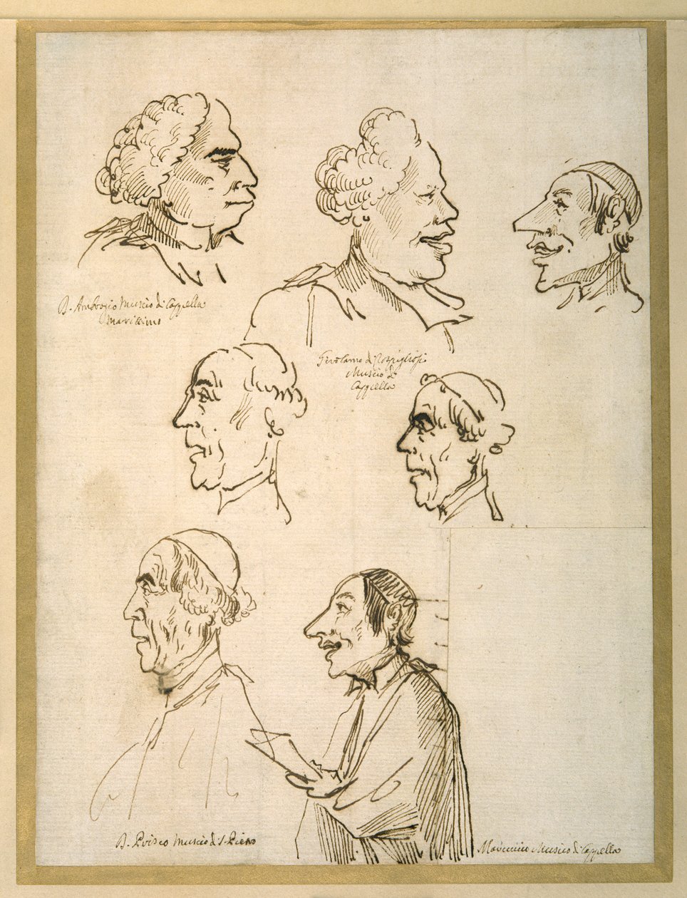 Papalık şapellerinin dört şarkıcısının karikatürize edilmiş yedi profili (kağıt üzerine kalem ve mürekkep) by Pier Leone Ghezzi