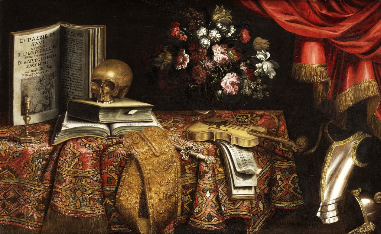 Vanitas keman, müzik kitabı, çiçek vazosu ve kafatası ile natürmort by Pierfrancesco Cittadini