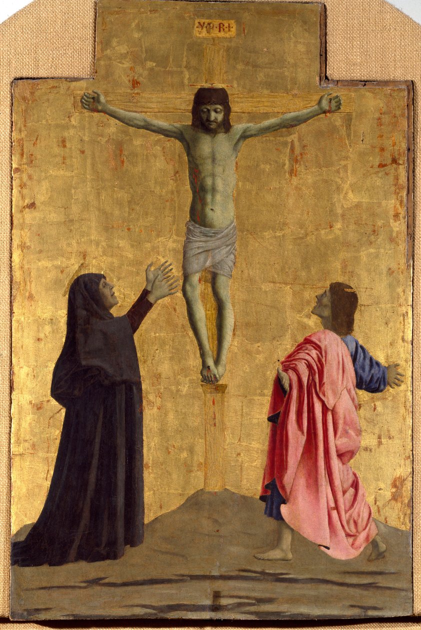 Misericorde Poliptiği: Misericorde Bakiresi, etrafı azizlerle çevrilidir. Haç üzerinde “INRI” yazısı ile çarmıha gerilmeyi gösteren detay Piero della Francesca
