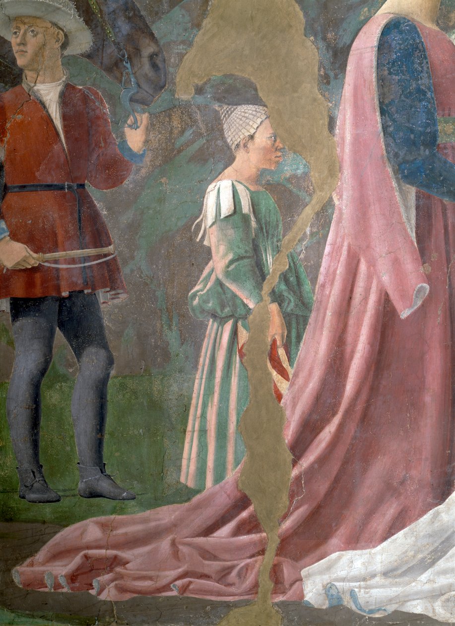 Gerçek Haç Efsanesi, Haç Ağacına Tapan Sheba Kraliçesi, bir görevli detayı, 1464 fresk tamamlandı by Piero della Francesca