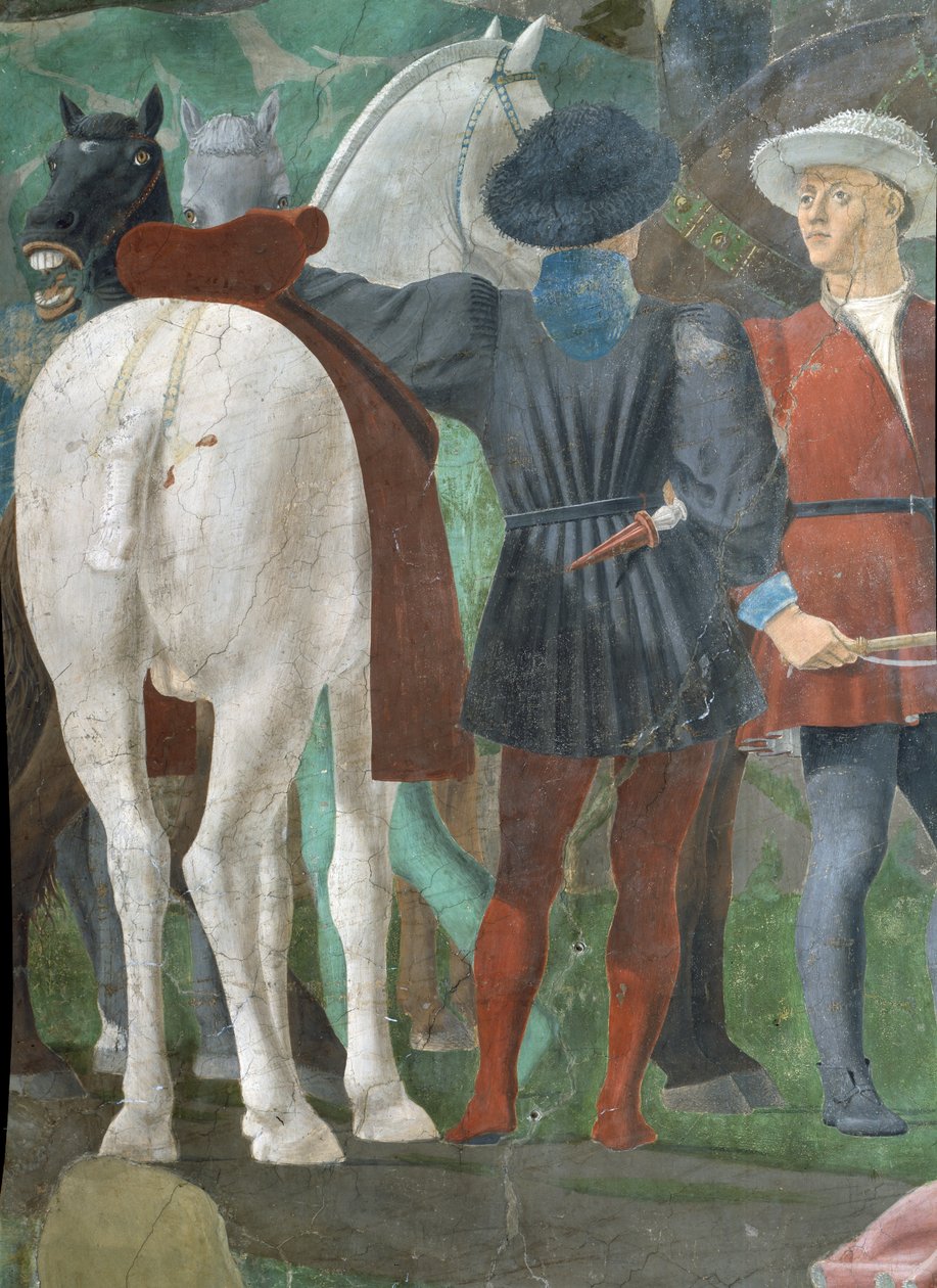 Gerçek Haç Efsanesi, Saba Kraliçesinin Kral Süleyman tarafından kabulü, iki atlı detayı, 1464 fresk tamamlandı by Piero della Francesca