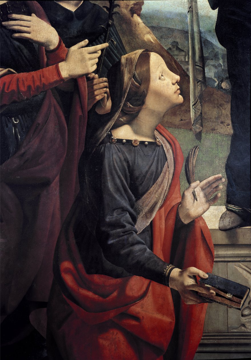 İskenderiyeli St. Catherine, 6 Aziz ile çevrili Immaculee anlayışının detayı. (Tuval üzerine yağlı boya, c. 1505) by Piero di Cosimo