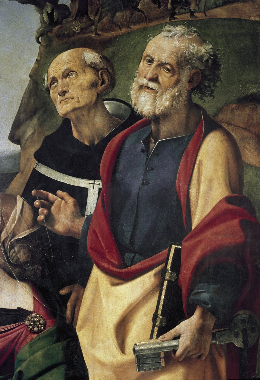 Aziz Peter ve Aziz Philip Benizi, azizlerle çevrili tahtta Bakire ve Çocuk detayı (panelde yağ ve mizaç, yaklaşık 1493) by Piero di Cosimo