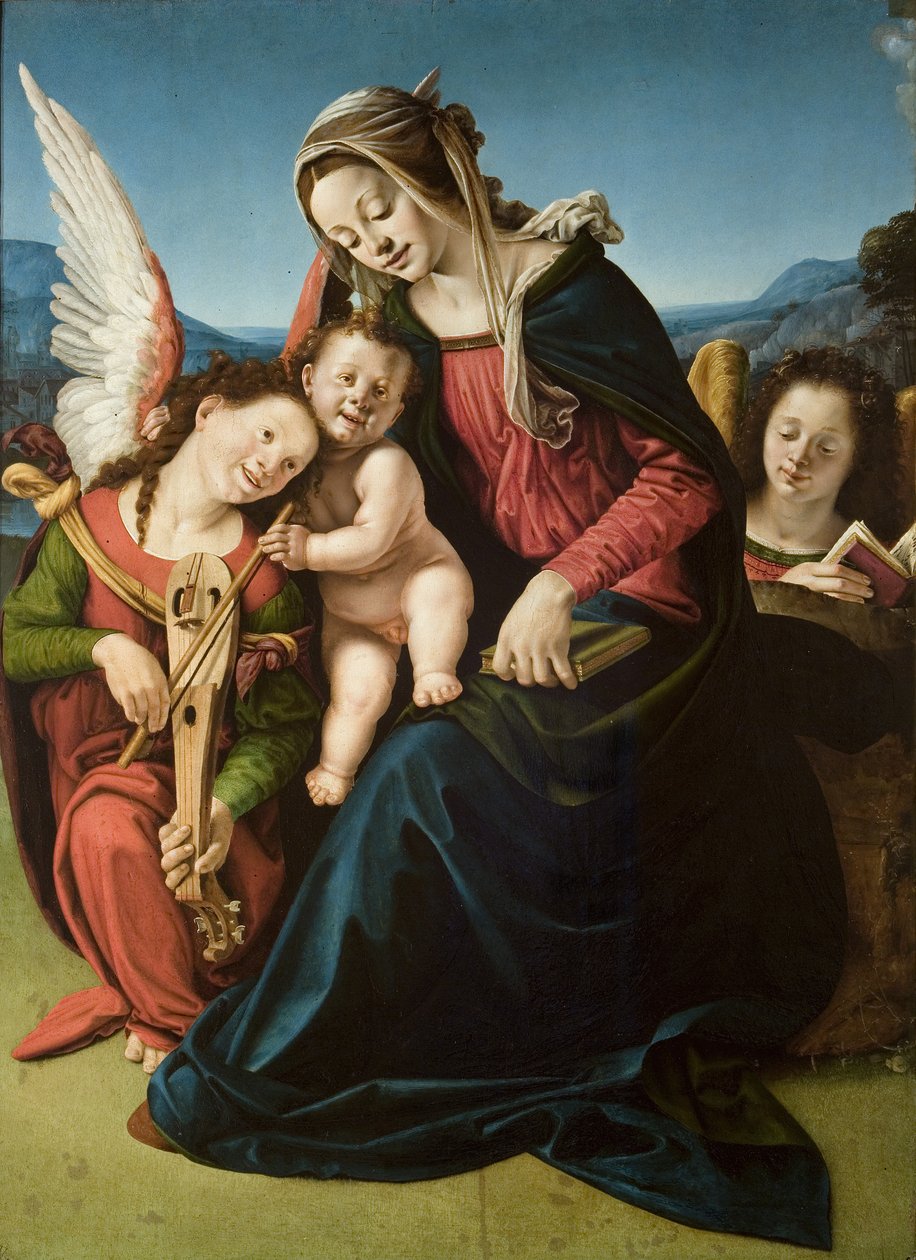 İki Melekli Bakire ve Çocuk, c.1507 (tahta üzerine yağlı boya) by Piero di Cosimo