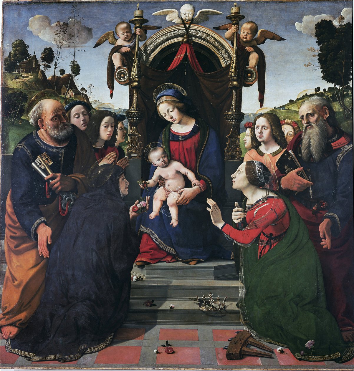 Azizlerle çevrili tahtta Bakire ve Çocuk (panelde yağ ve mizaç, yaklaşık 1493) by Piero di Cosimo