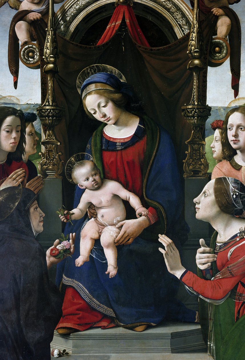 Azizlerle çevrili tahtta Bakire ve Çocuk, detay (panelde yağ ve tempera, yaklaşık 1493) by Piero di Cosimo