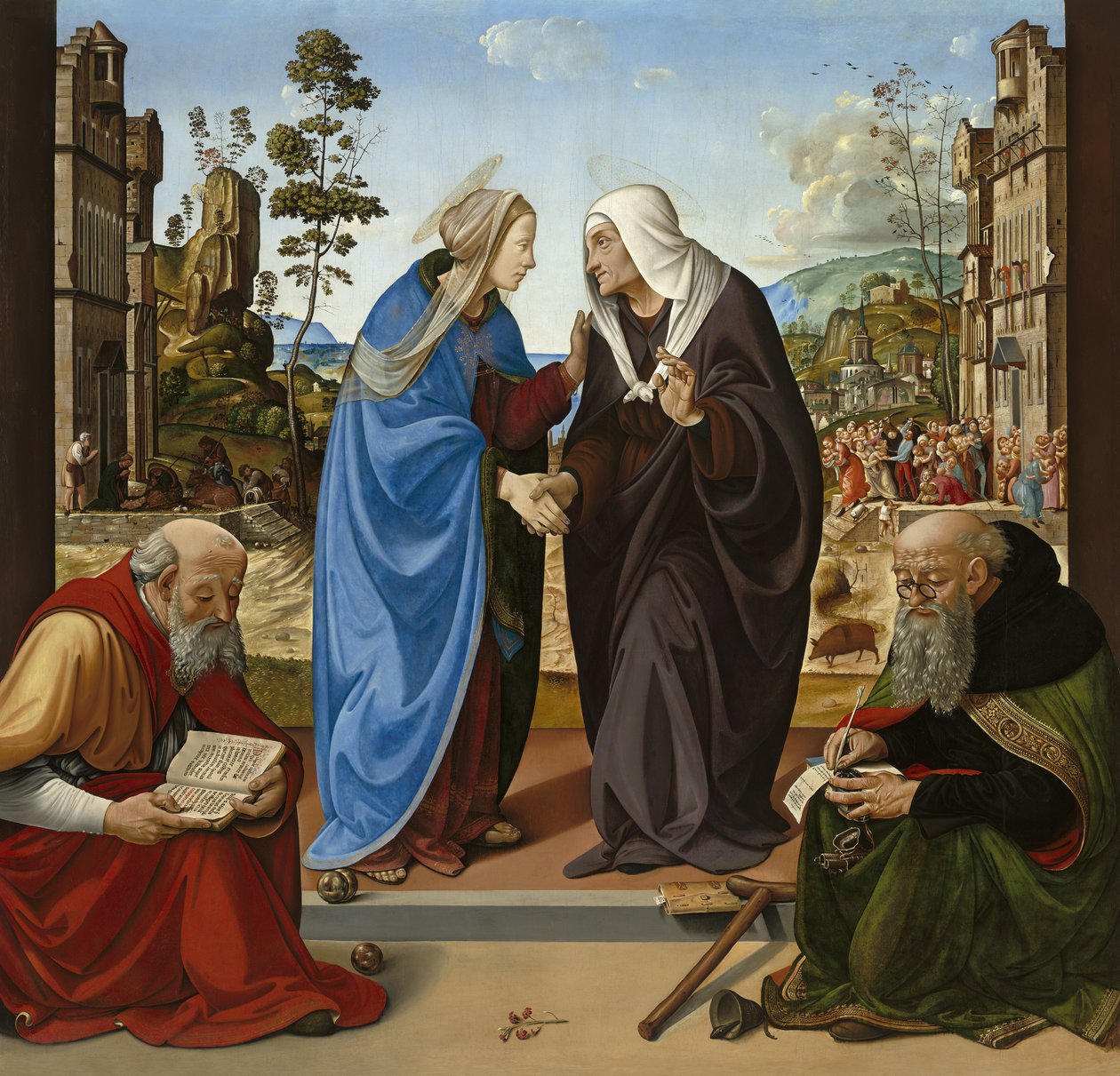 St. Nicholas ve St. Anthony Abbot ile ziyaret, c.1490 (panelde yağlı boya) by Piero di Cosimo