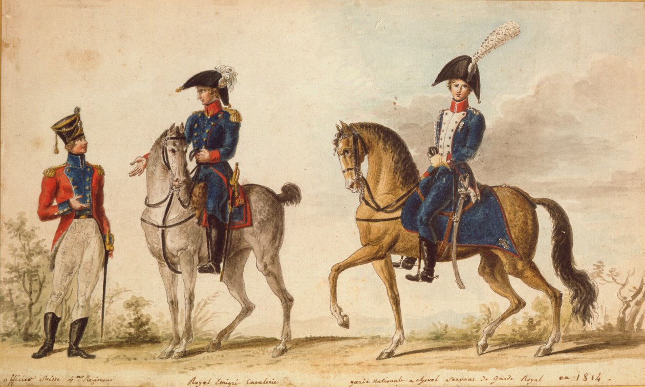 4. alayın İsviçreli subayı, Kraliyet Emigre Süvari Süvarisi ve atlı Ulusal Muhafızlar, 1814 (guaj) by Pierre Antoine Lesueur