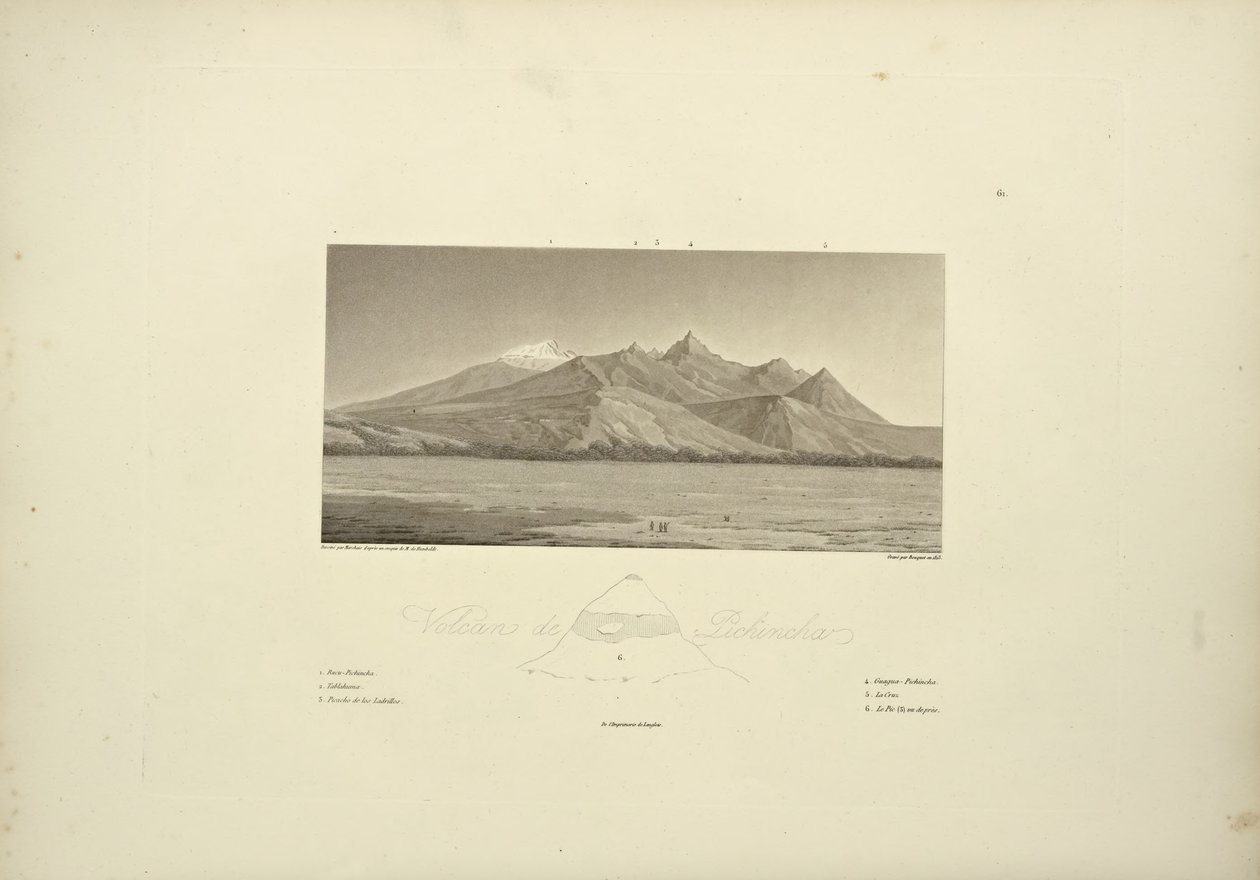 Pichincha Volkanları, Bouquet tarafından oyulmuş, Alexander von Humboldt ve Aime Bonpland tarafından "Amerika Yerli Halklarının Cordillera ve Anıtlarının Görünümleri"nden bir çizim, 1813 by Pierre Antoine Marchais