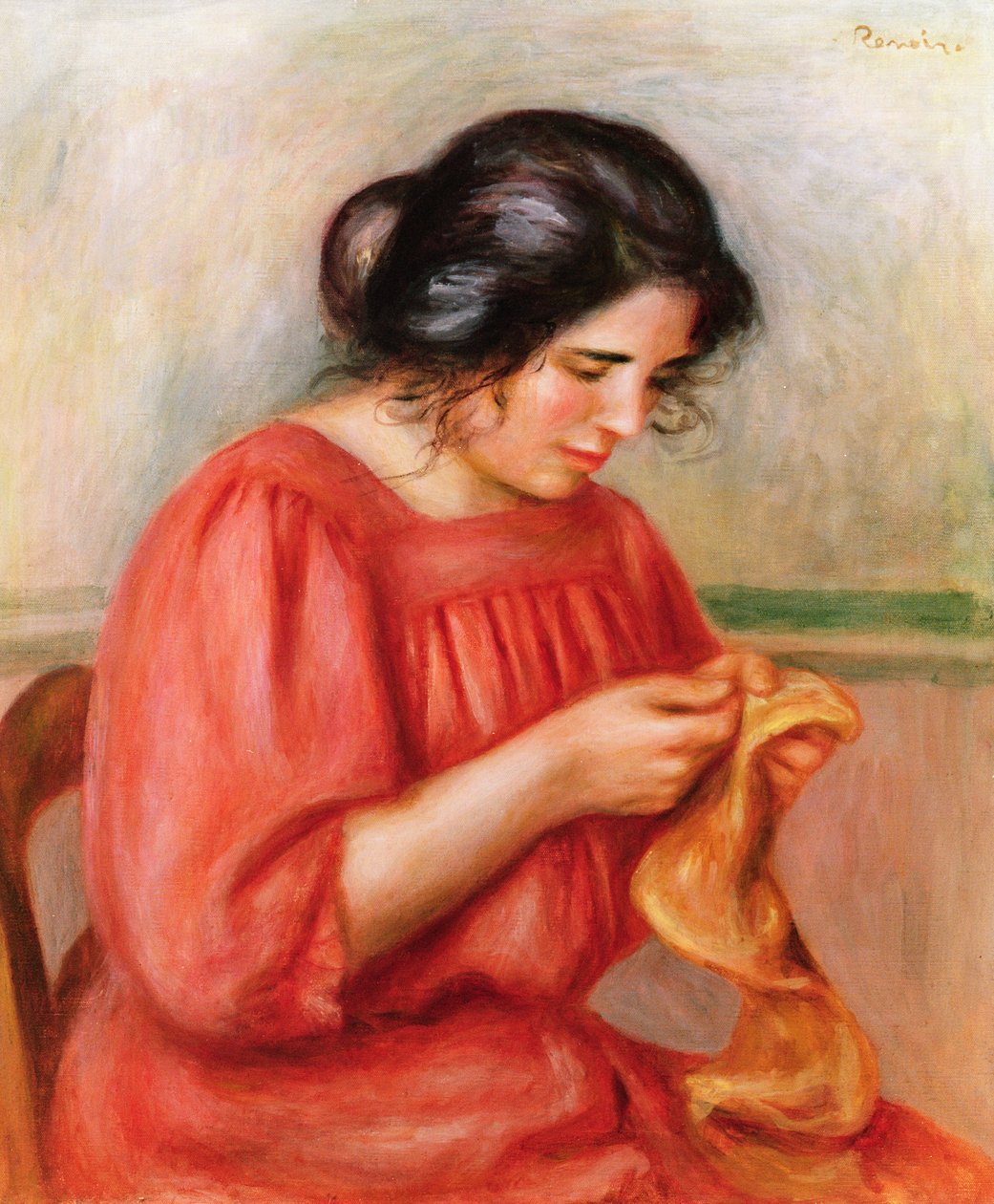 Gabrielle darning, 1908 by Pierre Auguste Renoir
