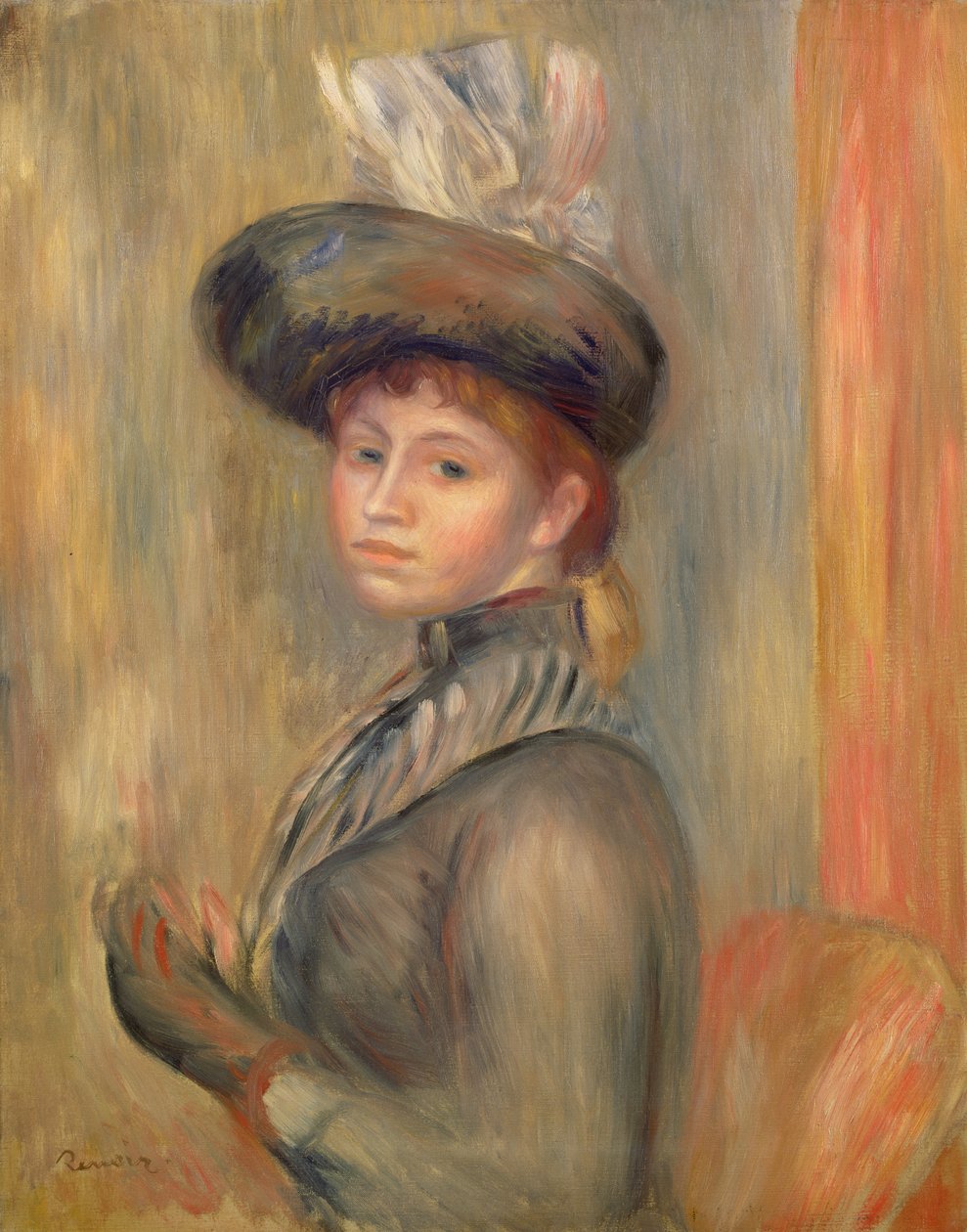 Gri-mavili Kız, Eldivenini Giyiyor, 1889 dolayları by Pierre Auguste Renoir