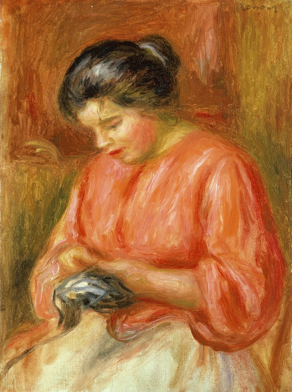 Kırmızılı Kız, Örgü by Pierre Auguste Renoir
