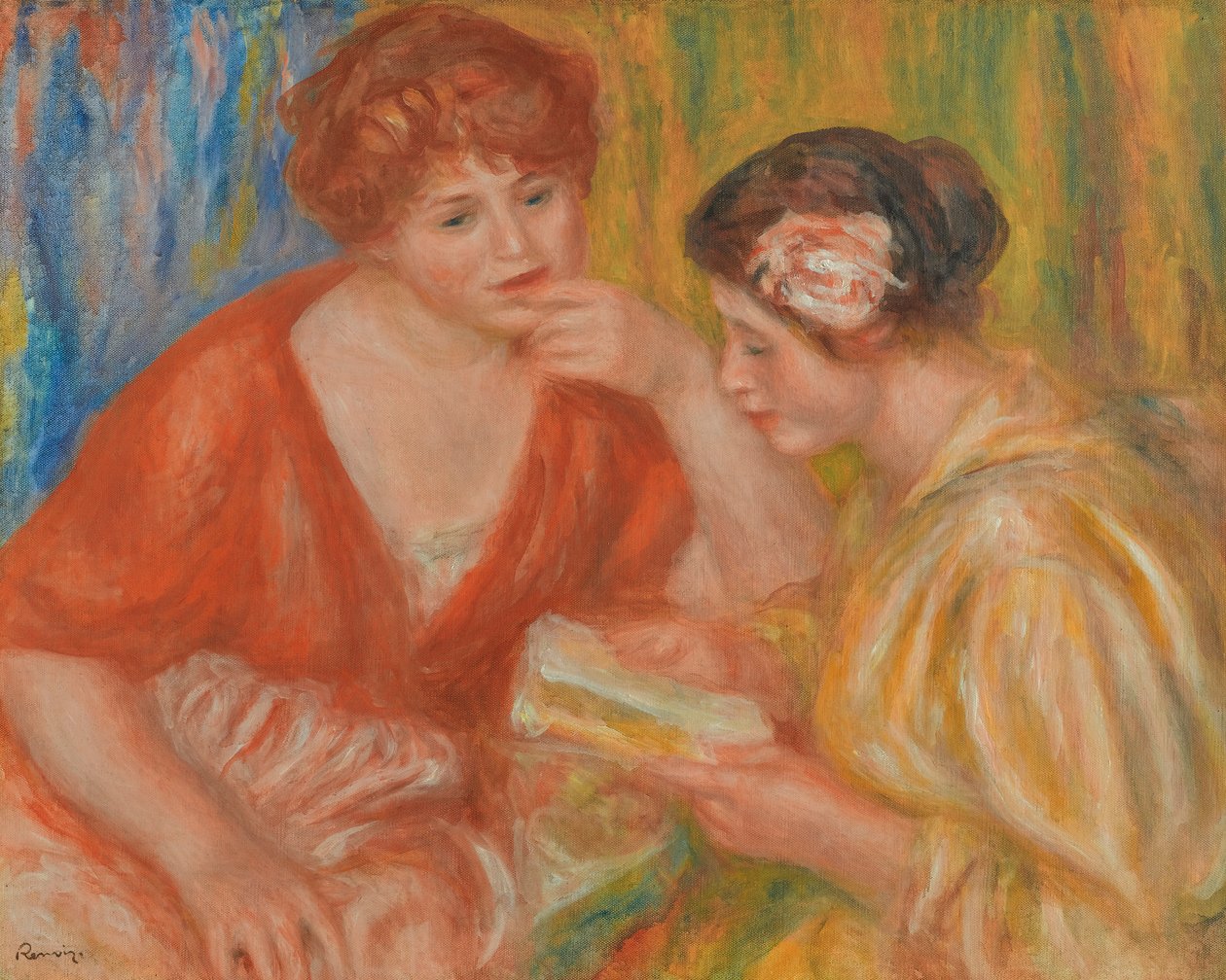 OKUMA, KIRMIZI VE PEMBE BEDENLİ İKİ KADIN by Pierre Auguste Renoir