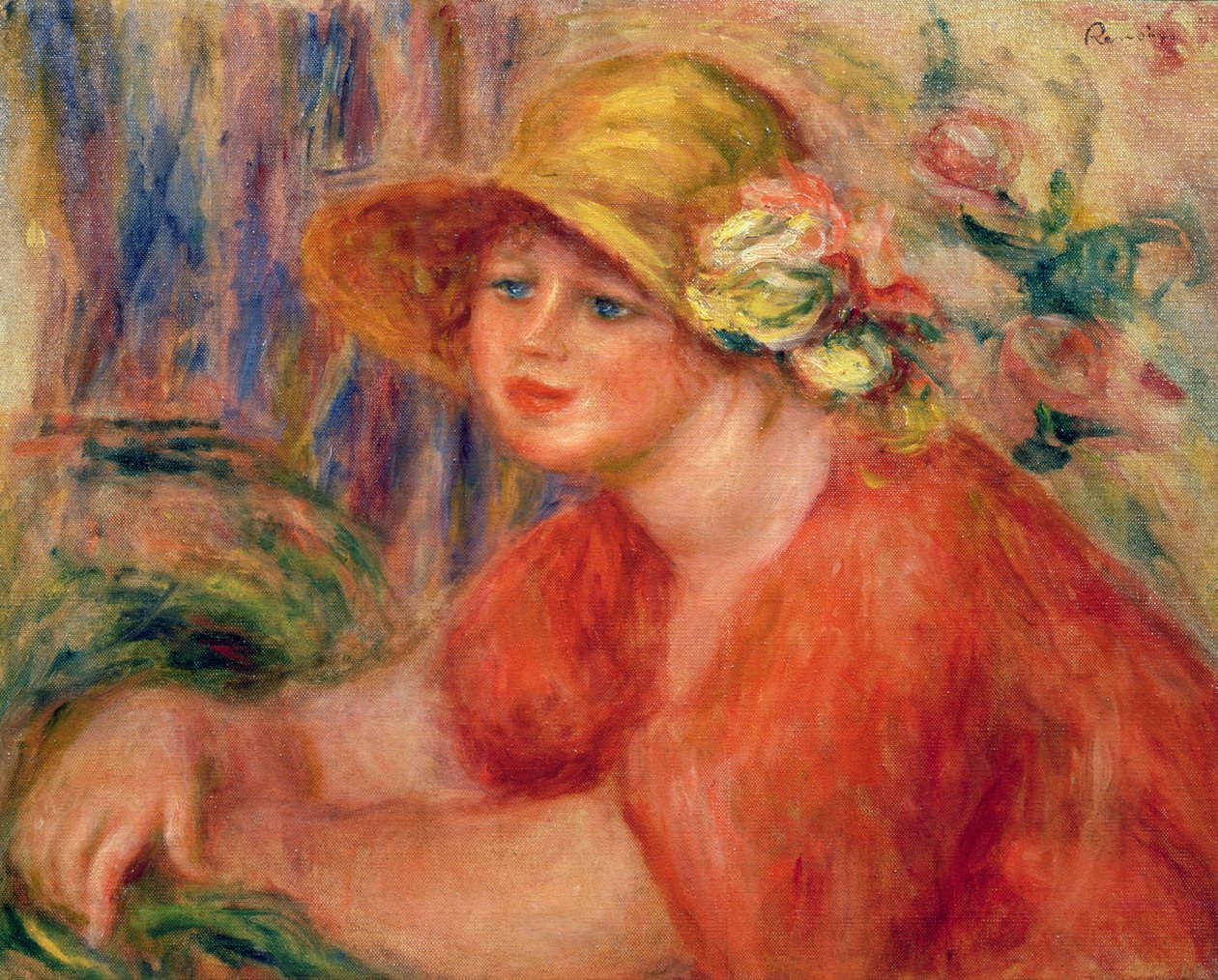 Çiçeklerle süslenmiş şapkalı bir kadının portresi by Pierre Auguste Renoir
