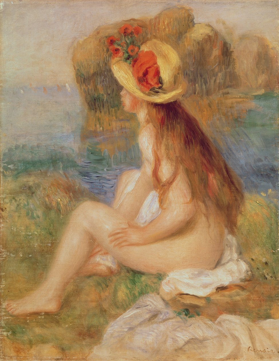 Hasır şapkalı oturan kadın yüzücü by Pierre Auguste Renoir