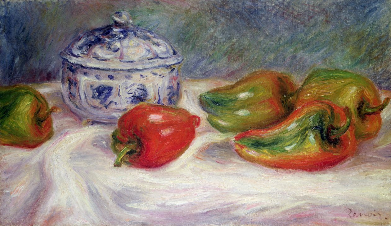 Bir şekerlik ve kırmızı biber ile natürmort, 1905 dolayları by Pierre Auguste Renoir