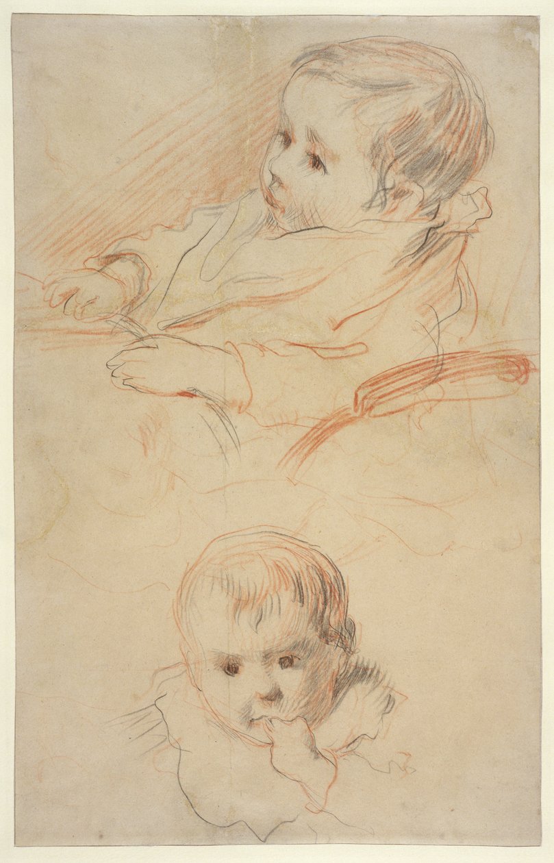 Küçük bir çocuğun iki çalışması, 1875-80 (sarı kağıt üzerinde siyah ve kırmızı tebeşir) by Pierre Auguste Renoir