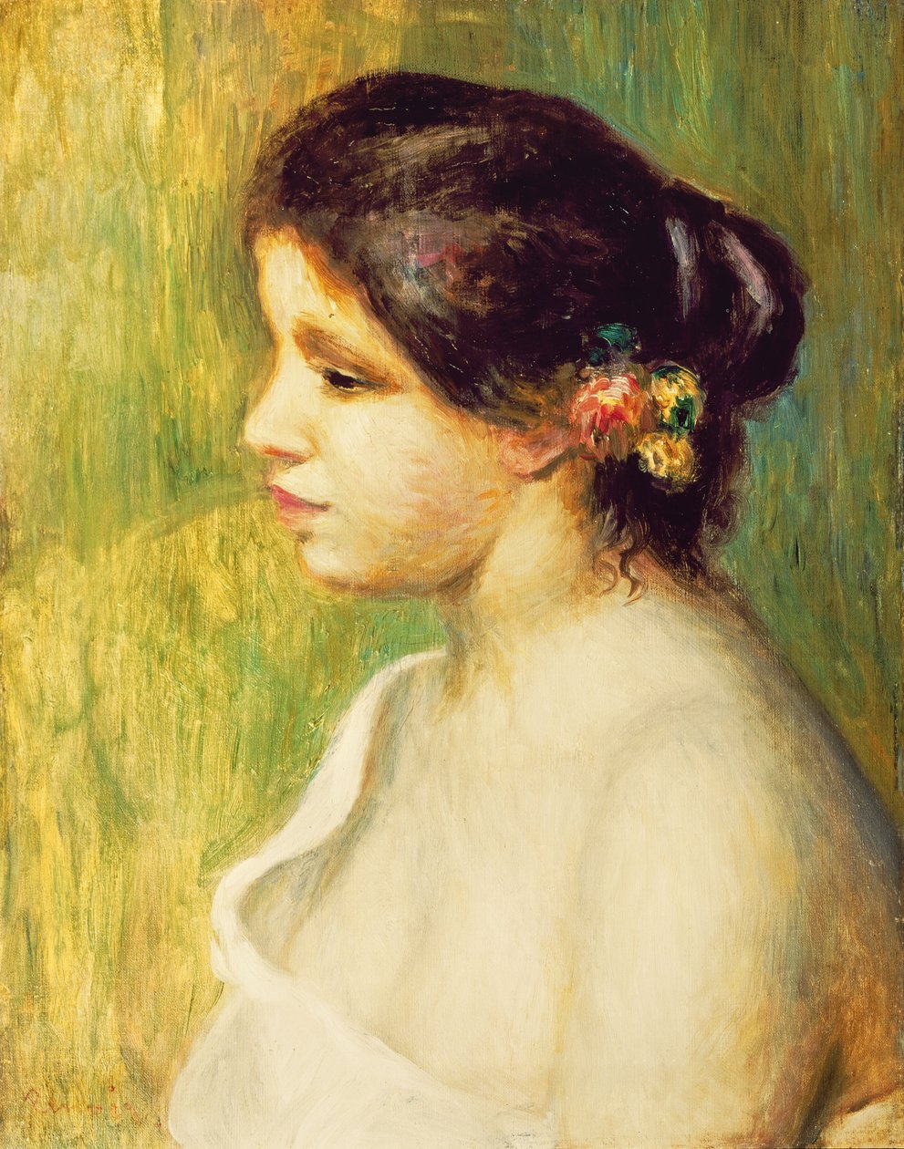 Young Woman with Flowers at her Ear, 1898  by Pierre Auguste Renoir